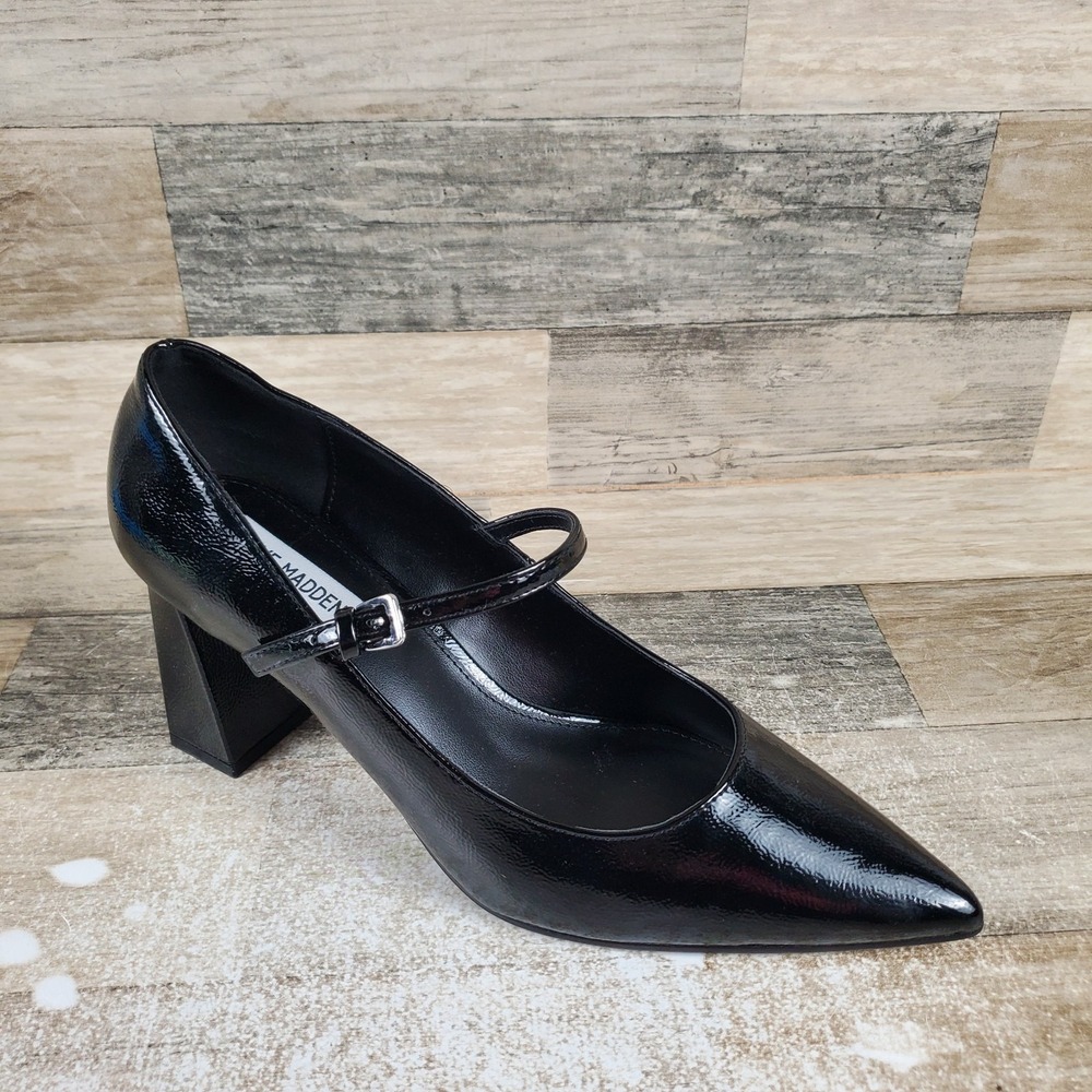 Steve Madden Arlee Womens Pumps Sz 9.5 M Black Leather Pointed Toe Block Heel - Picture 1 of 12